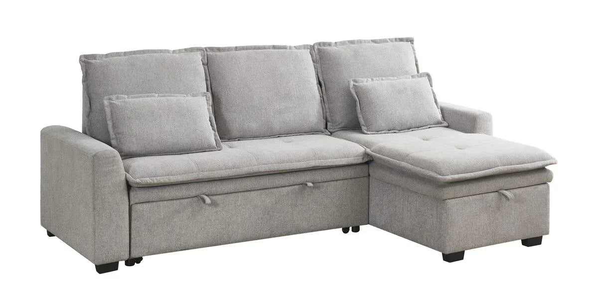 Light grey fabric corner sofa with chaise and built-in storage compartments
