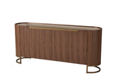 Walnut sideboard cabinet with gold metal base and rounded corners