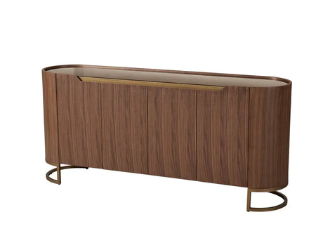 Walnut sideboard cabinet with gold metal base and rounded corners