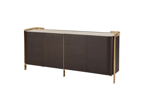 Dark wood sideboard with gold metal frame and curved edges
