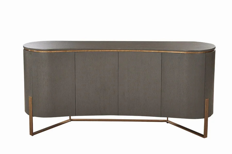 Modern wood sideboard with curved edges and metal frame in dark brown finish