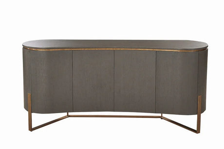 Modern wood sideboard with curved edges and metal frame in dark brown finish