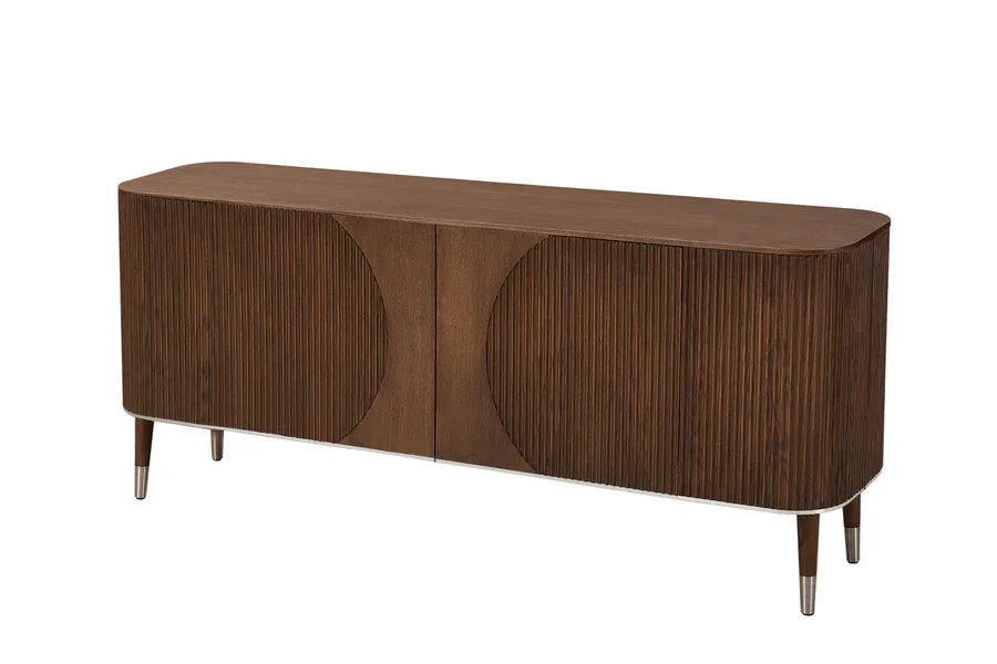 Dark wood sideboard cabinet with fluted doors and rounded corners on tapered legs