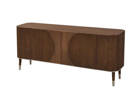 Dark wood sideboard cabinet with fluted doors and rounded corners on tapered legs