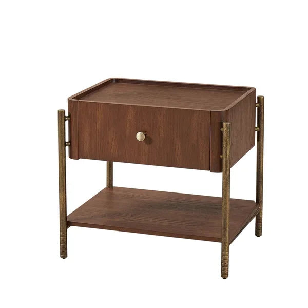 Walnut wood bedside table with drawer, brass legs and lower storage shelf