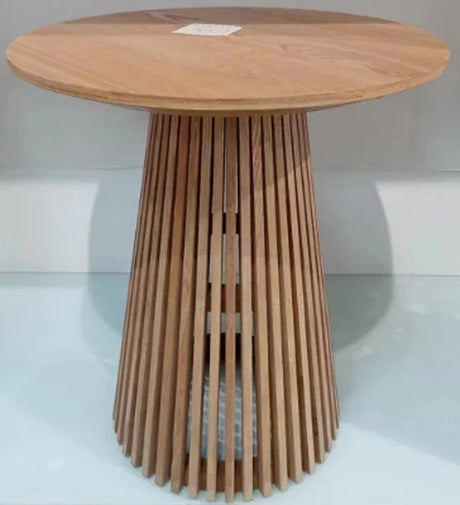 Round wooden side table with slatted base and natural finish on light background