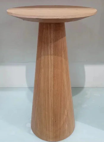 Round oak side table with tapered base against a light background