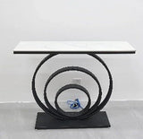 Modern console table with white marble top and black circular metal base