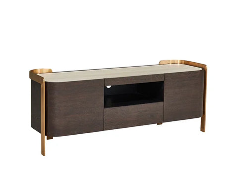 Modern TV unit with dark wood finish, gold metal frame and cream top, front angled view