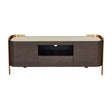 Modern wooden TV unit with open shelf, two drawers, gold accents, and cream top