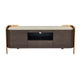 Modern wooden TV unit with open shelf, two drawers, gold accents, and cream top