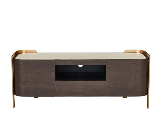 Modern wooden TV unit with open shelf, two drawers, gold accents, and cream top