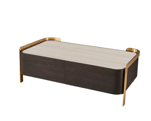 Modern coffee table with light wood top, dark base and gold metal trim