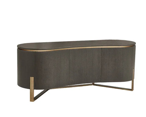 Dark wood sideboard with curved front and gold metal legs, modern living room storage furniture