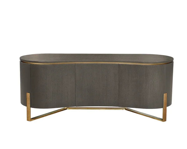 Curved dark wood sideboard with gold metal legs and trim, modern cabinet front view