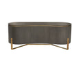 Curved dark wood sideboard with gold metal legs and trim, modern cabinet front view