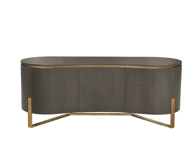 Curved dark wood sideboard with gold metal legs and trim, modern cabinet front view