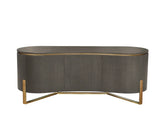 Curved dark wood sideboard with gold metal legs and trim, modern cabinet front view