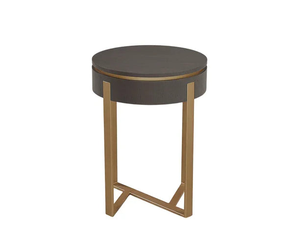 Round side table with dark wood top and gold metal legs, modern living room furniture