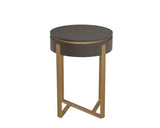 Round side table with dark wood top and gold metal legs, modern living room furniture