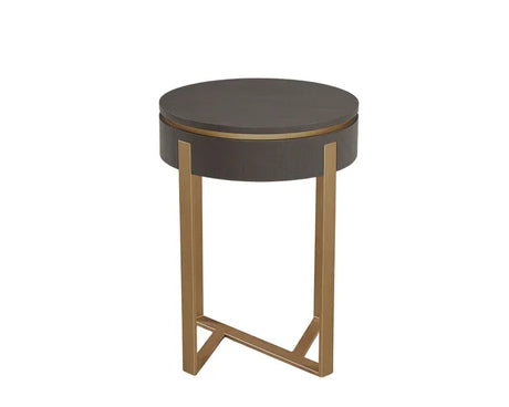 Round side table with dark wood top and gold metal legs, modern living room furniture