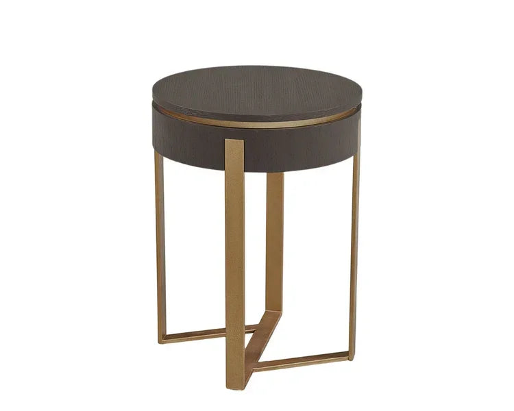 Round side table with dark wood top and gold metal frame, modern geometric leg design