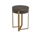 Round side table with dark wood top and gold metal frame, modern geometric leg design