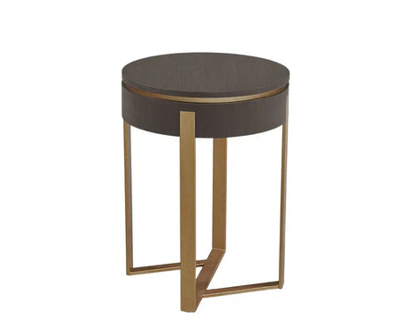 Round side table with dark wood top and gold metal frame, modern geometric leg design