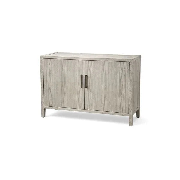 Light oak wood sideboard with two doors and metal handles, front angle view