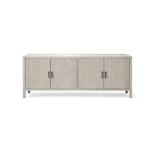 Light oak sideboard with four doors and metal handles, rectangular shape, front view