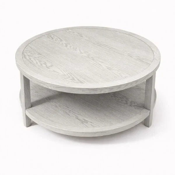 Light oak round coffee table with shelf, wood grain texture, top view
