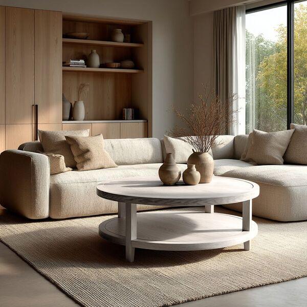 Beige corner sofa with neutral cushions and round wooden coffee table in modern living room
