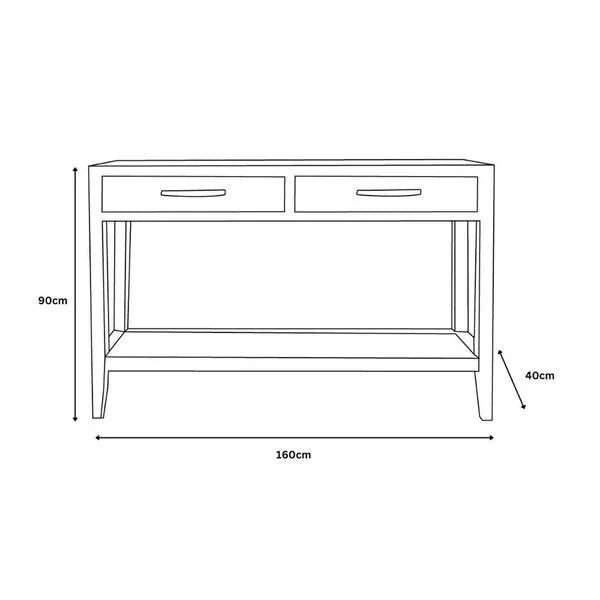 Console table with two drawers and shelf, dimensions 160cm x 40cm x 90cm