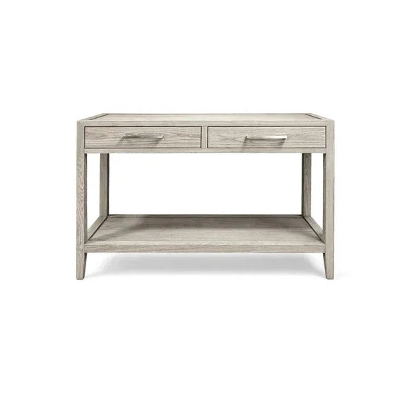 Light wood console table with two drawers and lower shelf, front view