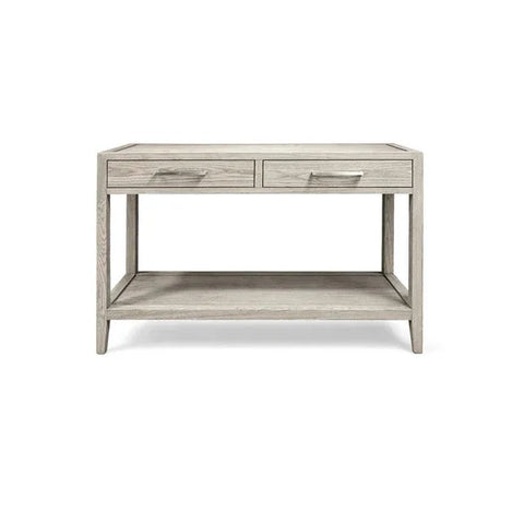 Light wood console table with two drawers and lower shelf, front view