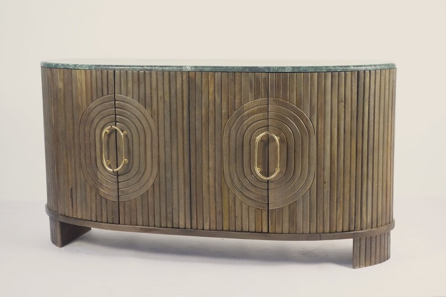Curved wooden sideboard with circular patterns and brass handles
