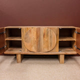 Wooden sideboard with oval design doors and open shelving inside