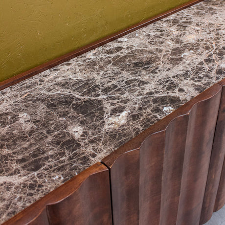 Brown marble top with dark carved wooden doors sideboard