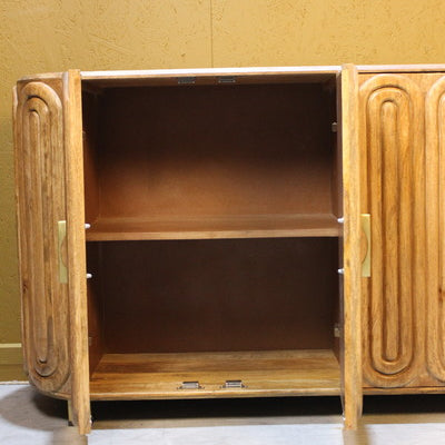 Open wooden sideboard showing inner shelves and curved smooth doors with handles