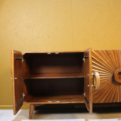 Open wooden sideboard with two shelves and carved door design