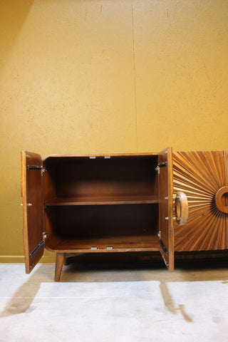 Open wooden sideboard with two shelves and carved door design