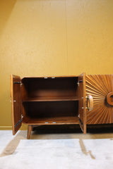 Open wooden sideboard with two shelves and carved door design