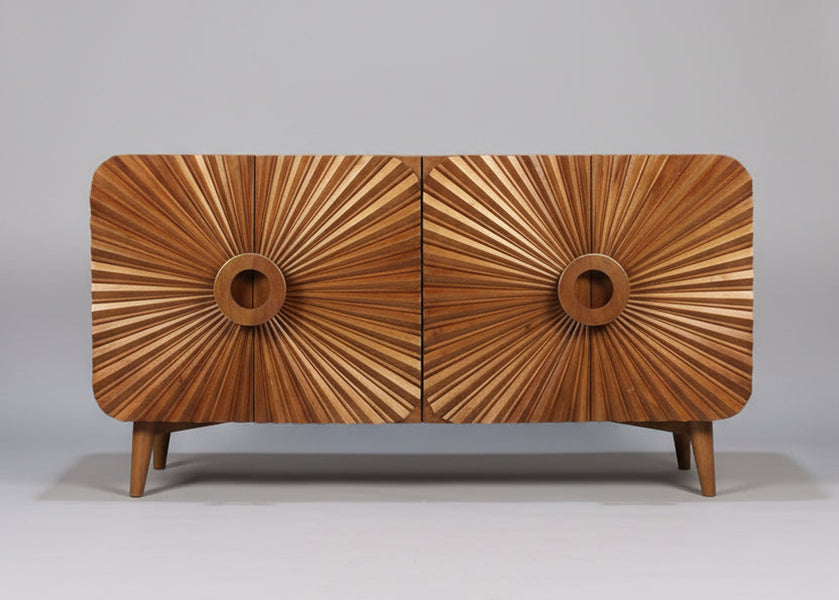 Wooden sideboard with circular sunburst carving design and round central handles | Home Centre Direct UK