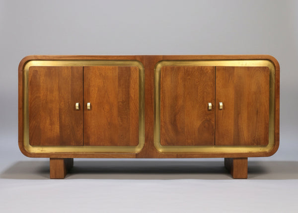 Wooden sideboard with four square doors and brass trim handles | Home Centre Direct UK