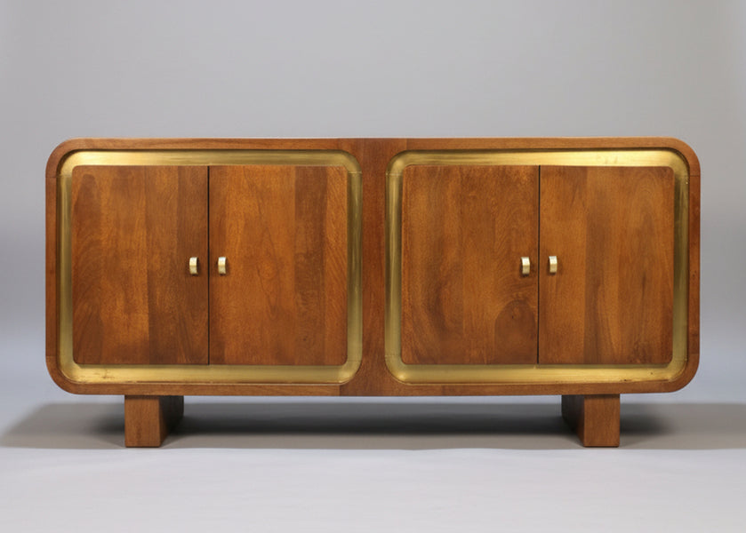 Wooden sideboard with four square doors and brass trim handles | Home Centre Direct UK