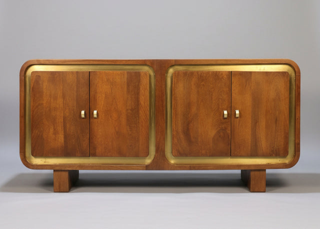 Wooden sideboard with four square doors and brass trim handles | Home Centre Direct UK