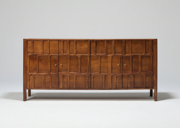 Wooden sideboard with carved geometric panel doors and four legs | Home Centre Direct UK