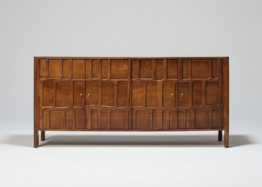 Wooden sideboard with carved geometric panel doors and four legs | Home Centre Direct UK
