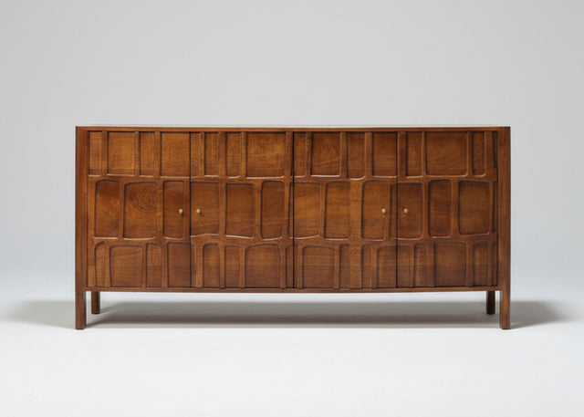 Wooden sideboard with carved geometric panel doors and four legs | Home Centre Direct UK