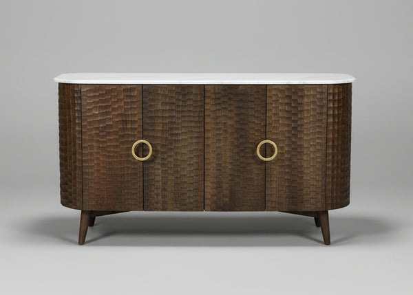 Wooden four door sideboard with chiseled textured patterns and white top | Home Centre Direct UK